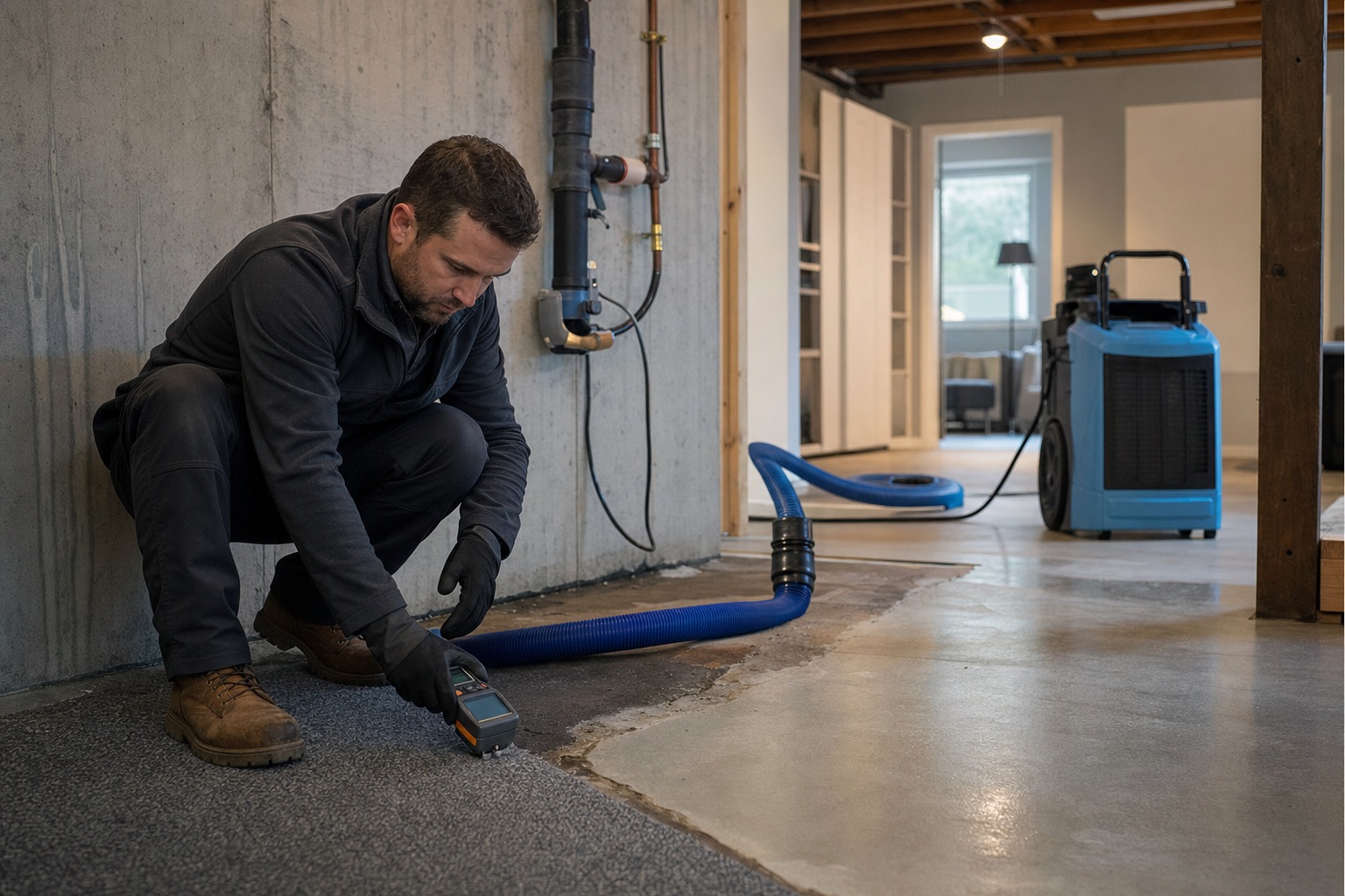 Water damage technician inspecting moisture in a residential property